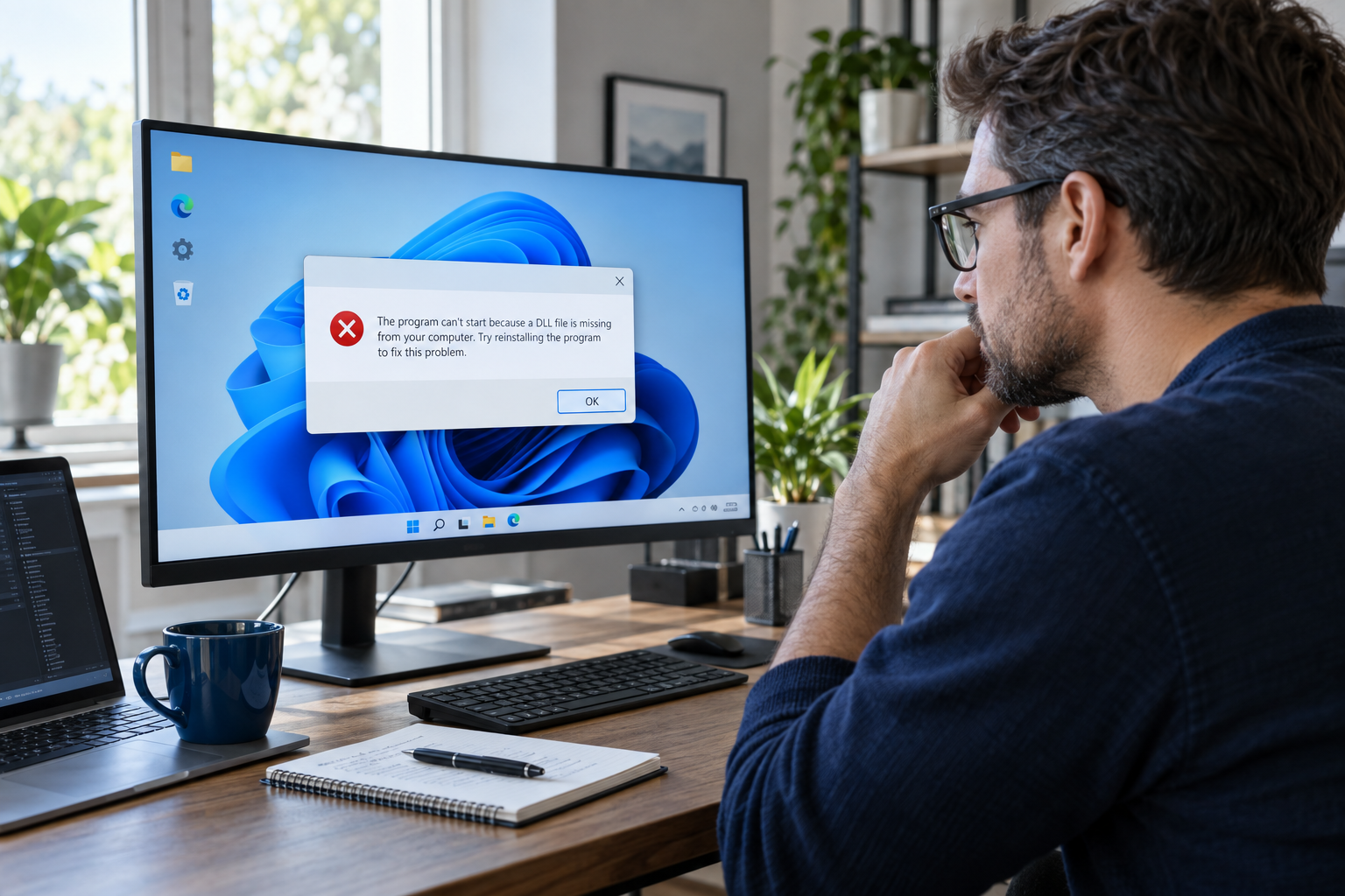 Computer user troubleshooting missing DLL files in Windows 10